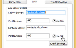 iCloud DAV  Server Settings. Outlook Plugin, CalDAV, CardDAV.